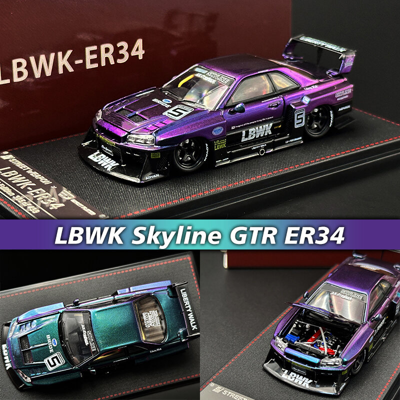 SW In Stock 1:64 LBWK Skyline GTR ER34 Super Silhouette Chameleon Opened Hood Diecast Diorama Car Model Collection Street Weapon