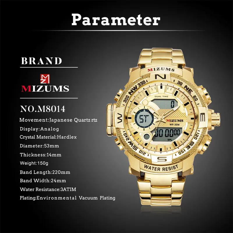 Reloj Digital de cuarzo para hombre, cronógrafo deportivo, LED, resistente al agua, militar, de acero dorado, a la moda