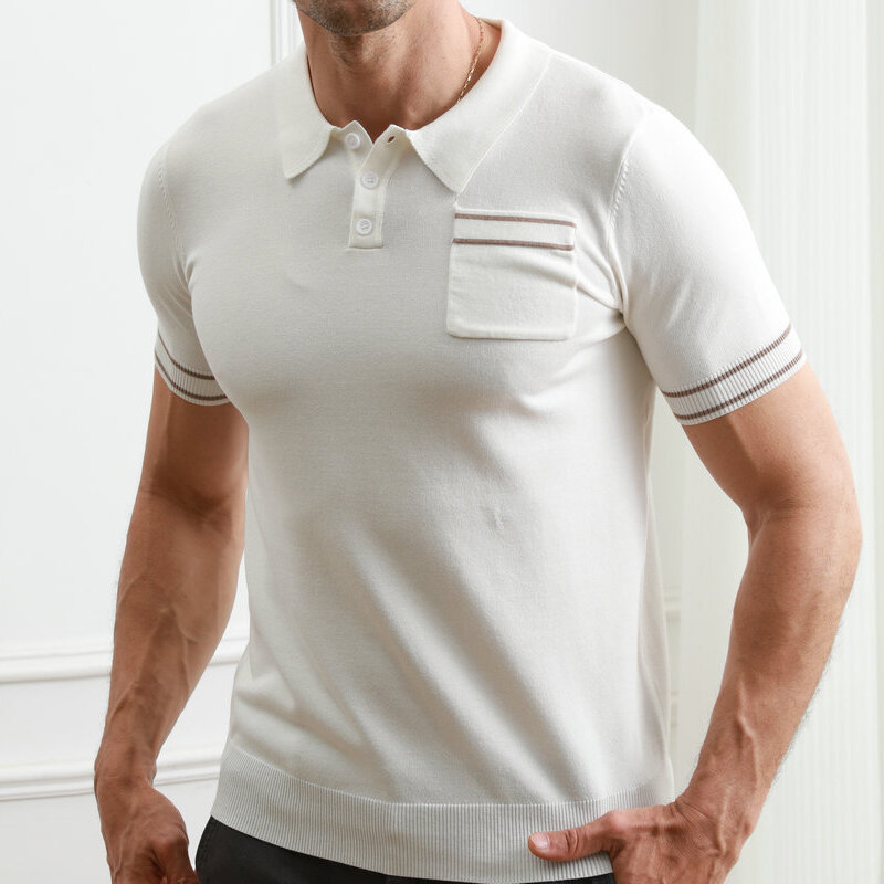 Leisure Short Sleeve Breathable Slim Polos Mens Tops Knitting Pocket Patches Design Polo Shirt Men Summer Classic Knitted Polo