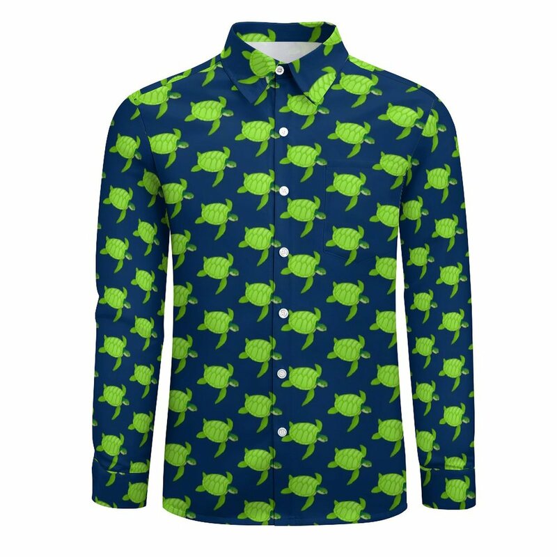 녹색 바다 거북이 스트리트 웨어 캐주얼 셔츠, 남성 동물 셔츠, 용수철 빈티지 블라우스, 긴팔 그래픽 오버사이즈 의류