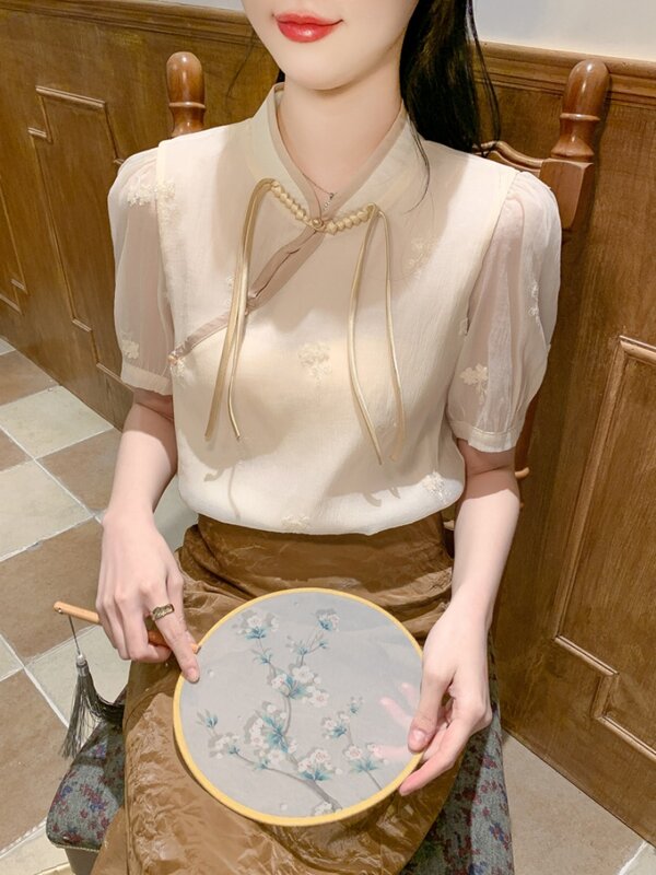 Miiiix New Chinese Qipao Chiffon Shirt Design Sense Top Women's Summer New French Retro Short Sleeved Shirts Female Clothing