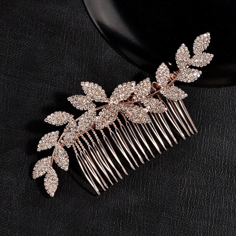 Sisir rambut berlian imitasi bentuk daun, aksesori rambut logam paduan mewah untuk pesta putri
