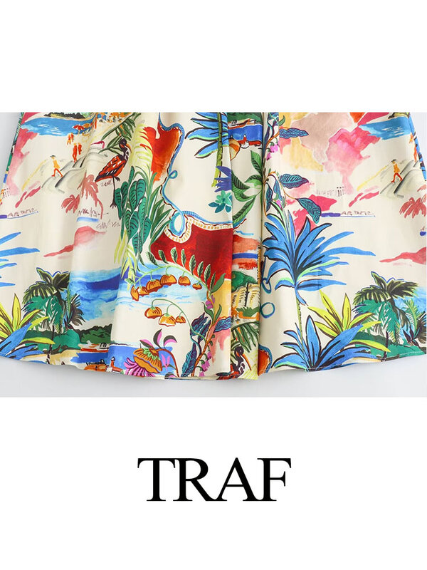TRAF Women Elegant Chic Side Zipper Pocket Decorate Vintage Slim Beach Pleated Skirt Woman Casual Print High Waist Midi Skirt