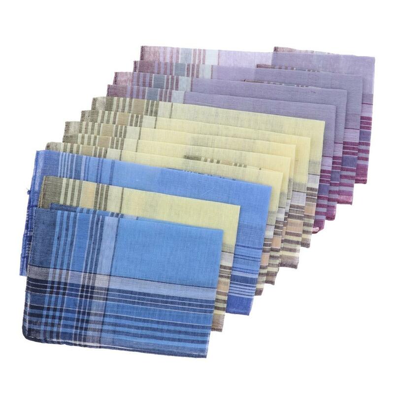 Set of 12/10pcs Men's Plaid Pattern Cotton Handkerchiefs Gentleman Classic Pocket Square Hanky
