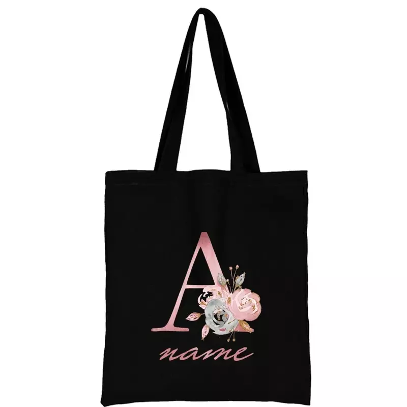 TOUB024 bolso de hombro de lona para mujer, bolsa de mano informal con letras de flores rosas, nombre personalizado