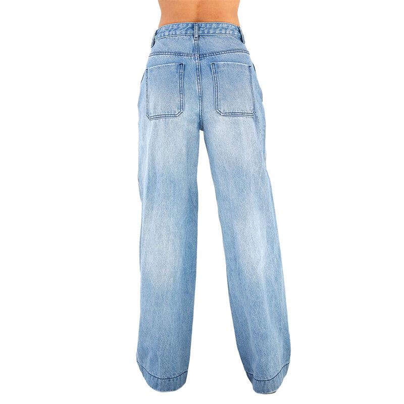 Damskie jeansy jednokolorowe szerokie nogawki spodnie dżinsowe luźna, workowata spodnie z kieszeniami Boyfriend Y2K E-Girl Streetwear