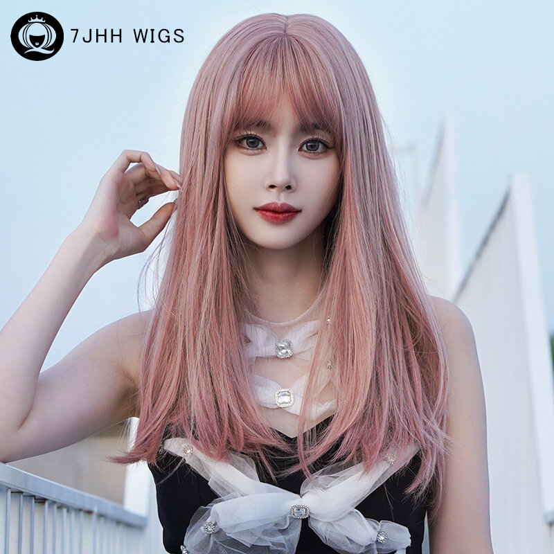 7JHH-peluca sintética Lolita para mujer, cabellera colorida con flequillo de cortina, longitud de hombro de alta densidad, color naranja y rosa