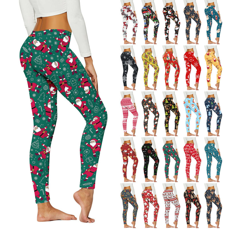 Celana Yoga wanita, legging kasual pinggang tinggi pola cetak pelangsing Natal musim dingin 1 potong, kostum celana Yoga meriah untuk wanita 2024
