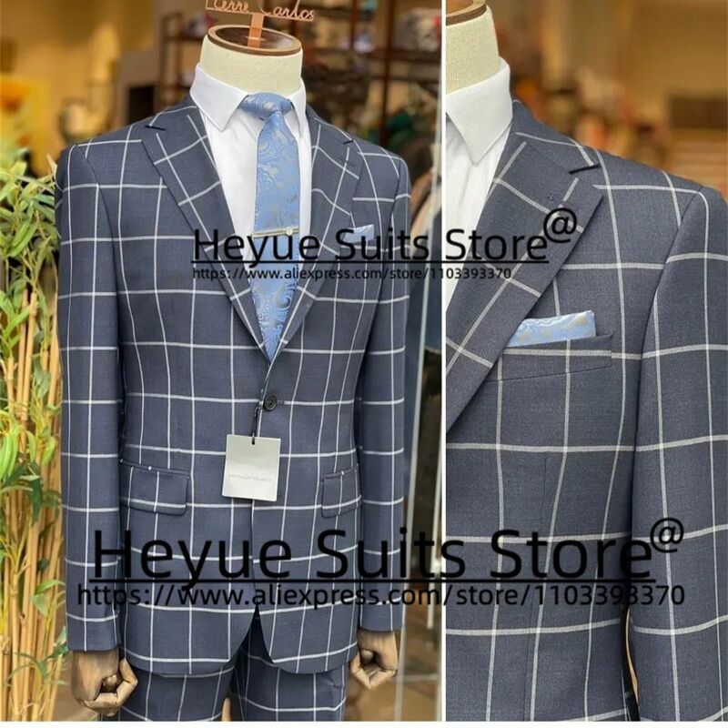 Business Plaid Men Suits Slim Fit Notched Lapel Groom Formal Tuxedos 2 Pieces Sets Classic Male Blazer terno masculinos completo