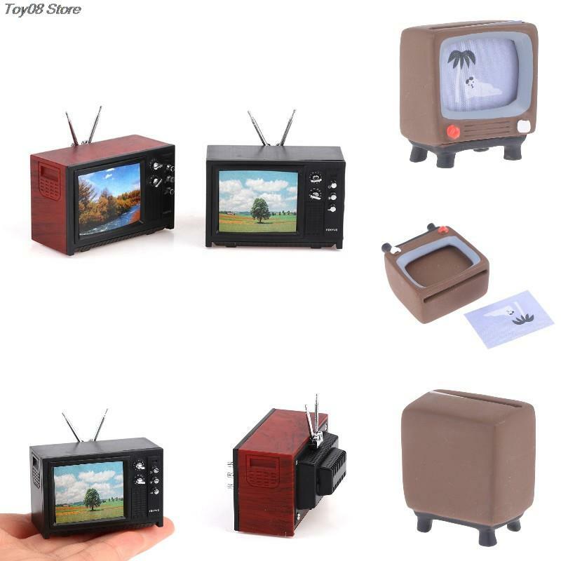 1:12 Rumah Boneka Antik Gaya Lama Miniatur Televisi TV dengan Gambar Boneka Rumah Mebel Ruang Tamu Kamar Tidur Dekorasi Model Mainan