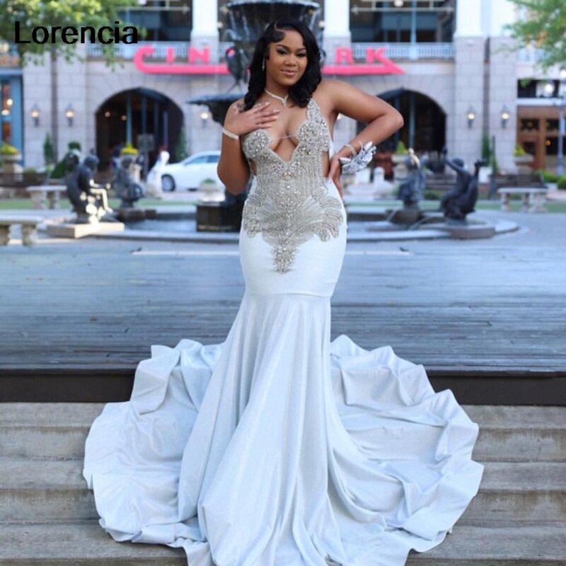 Lorencia-Silver Sequins Mermaid Prom Dress para meninas negras, diamantes africanos Beading, vestido de festa formal, YPD101