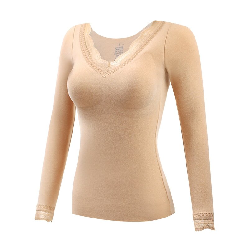 Women's Thermal Underwear With Padded Bra Lace V Neck  Thermo Warm Bottoming Top Warm Winter Clothes Women Thermo Clothing