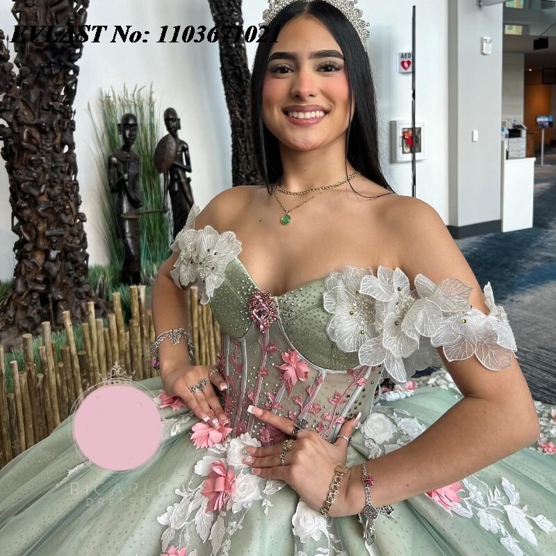 EVLAST Mexican Sage Green Quinceanera Dress Ball Gown Pink 3D Floral Applique Beads Corset Sweet 16 Vestidos De XV 15 Anos SQ148