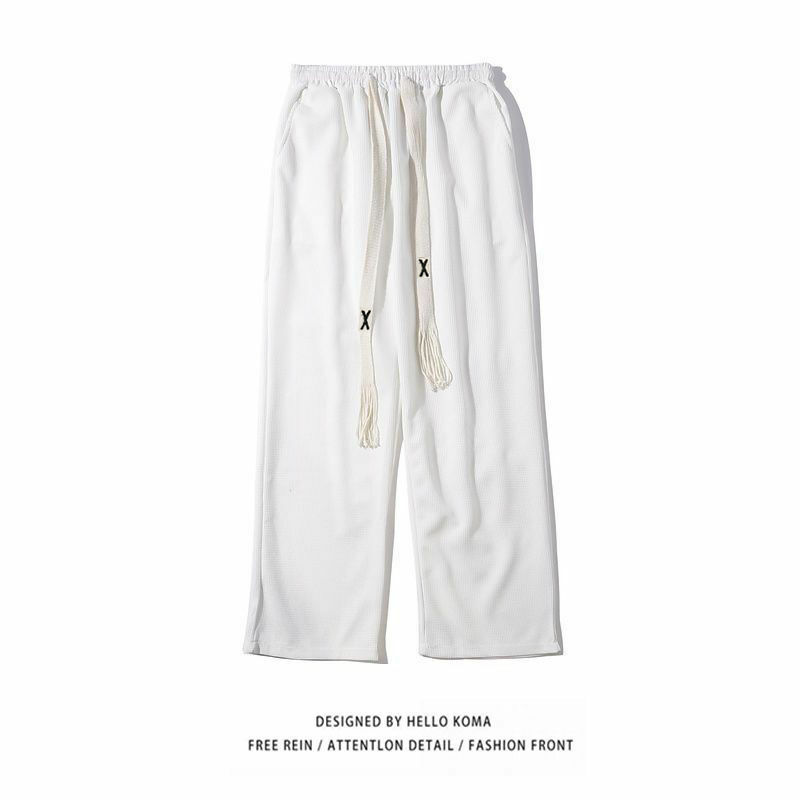 Waffle Casual Pants Men's Loose Straight Drawstring Sweatpants Trend Ins Hong Kong Style Sports Wide Leg Drape Long Pants