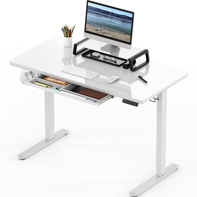 SHW | 48-Inch | Whole-Piece Glass Electric Height Adjustable Desk | Monitor Riser and Drawer Included | White |