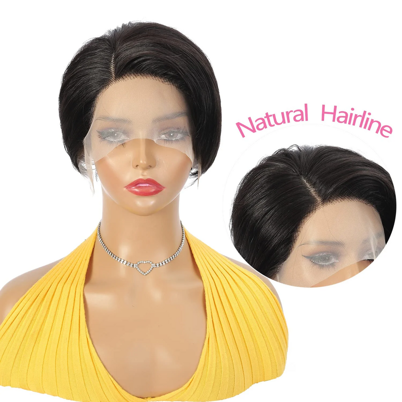 Perucas curtas Pixie corte reto de cabelo humano Bob para mulheres, perucas brasileiras sem cola, perucas transparentes frente de renda, cor natural, 13x1 HD