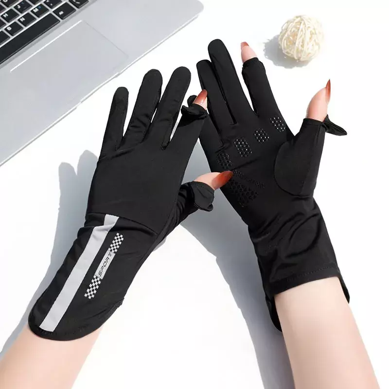 Sarung tangan tabir surya musim panas wanita, sarung tangan sutra es tipis Anti-ultraviolet layar sentuh jari embun berkendara Anti selip bernapas