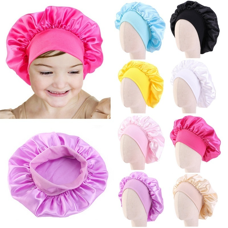 Детская шелковая атласная шляпа для девочек и мальчиков, 8 цветов, женская шляпа, широкие эластичные ленты, Кепка для ночного сна