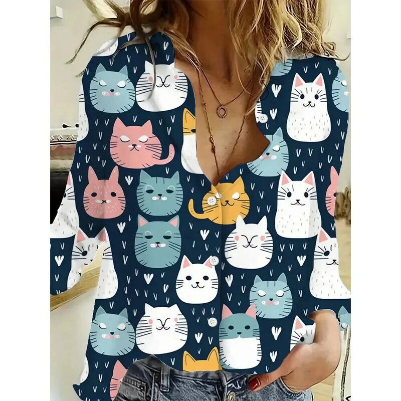 2024 New 3D Digital Cute Cat Print Women's Shirt Temperament Long Sleeve Casual Fashion Daily Spring and Autumn Long Sleeve Top