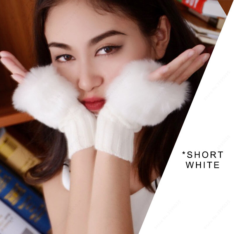 Осенне-зимние вязаные перчатки Villi для сенсорного экрана, женские белые милые теплые рукавицы, пушистые рукавицы, перчатки без пальцев