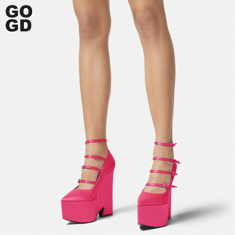GOGD-zapatos de tacón alto con plataforma para mujer, cuñas de seda con correa en el tobillo, puntiagudas, Vintage, Sexy, Mary Jane