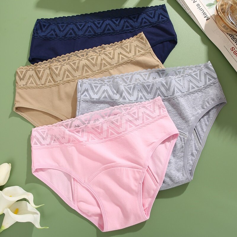 Bragas menstruales de encaje para mujer, ropa interior femenina de algodón a prueba de fugas, absorbente de período, 4 capas