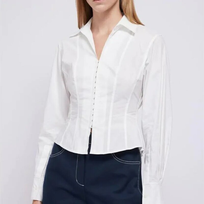 Women Long Sleeve Blouse Turn-down Collar Covered Buckle Slim Waist Cotton White Shirt