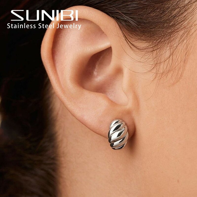 Sunibi brincos de argola de aço inoxidável pequena cor ouro para mulher textura de pão simples círculo redondo brincos de orelha simples acessórios
