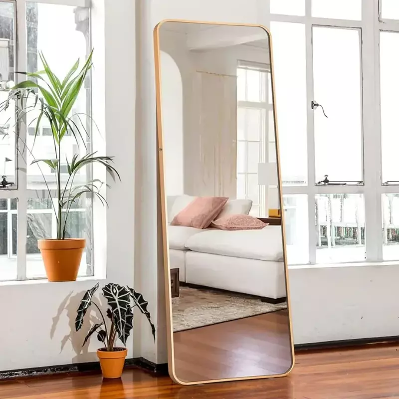 Espejo de pie de longitud completa, soporte de espejo de piso grande, soportes de pared, longitudes de cuerpo, colgantes contra la pared, dorados