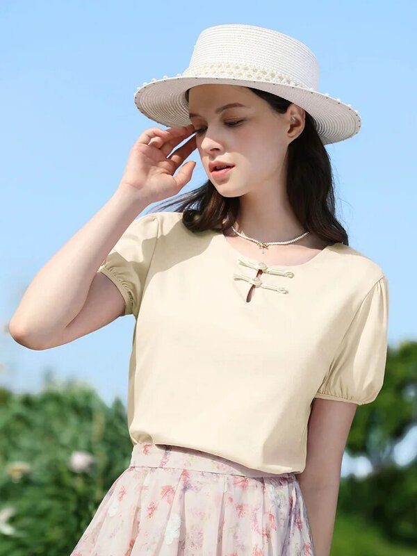 I BELIEVE YOU New Chinese T-shirts For Women 2024 Plated Puff Short-sleeve Summer Slim O-Neck Chic Female Trendy Tops 2242015646