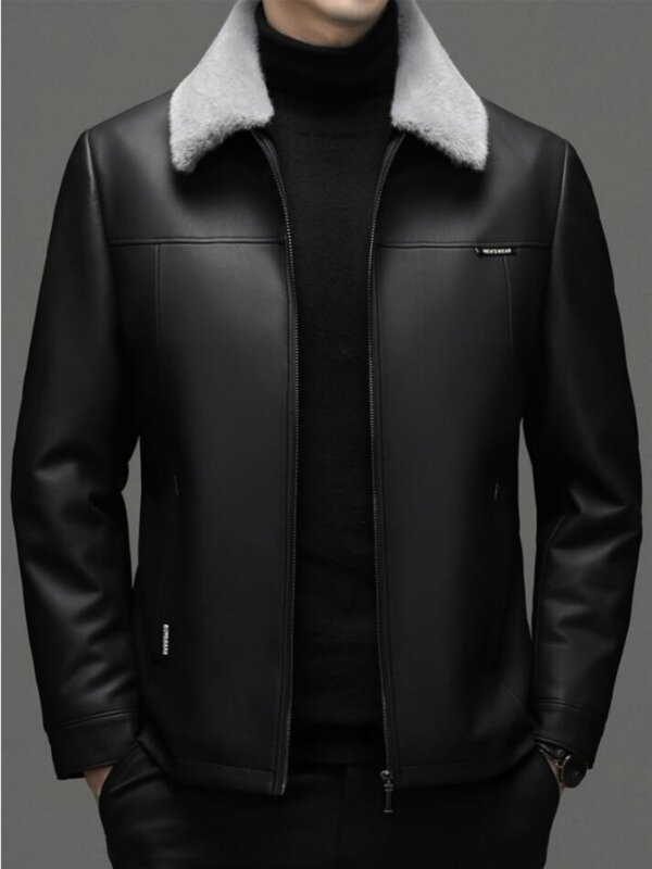 Jaket kulit untuk pria, jaket musim dingin kualitas tinggi kerah Ferret bisa dilepas, jaket kulit bulu angsa putih tebal untuk pria