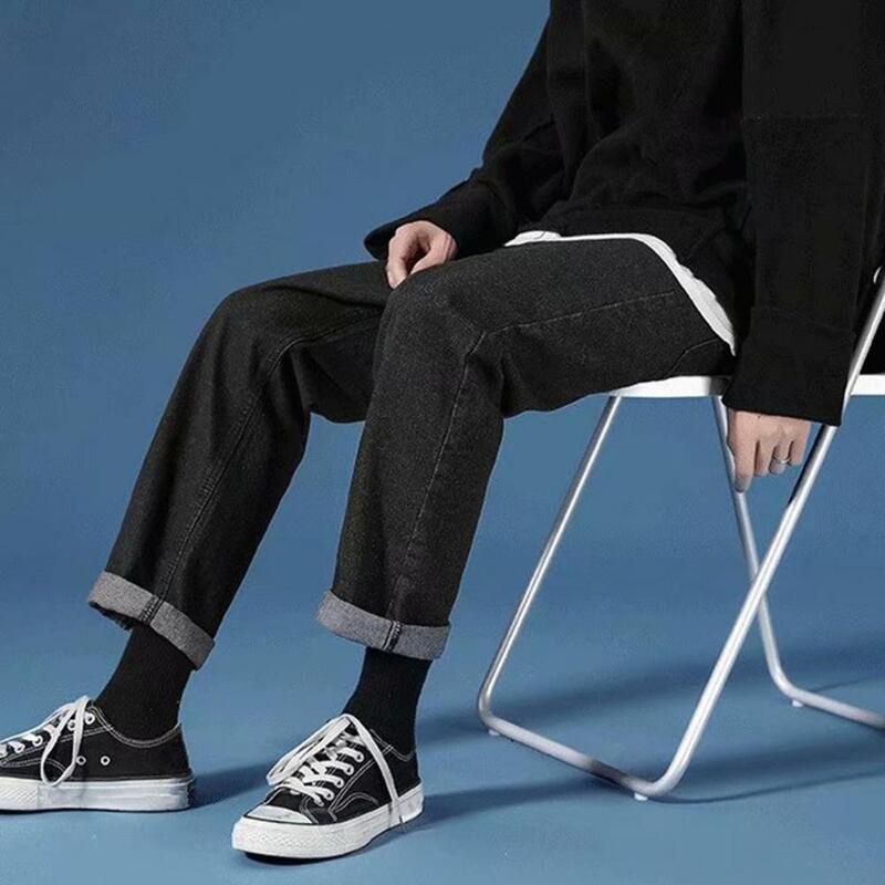 Calça jeans de perna larga masculina com bolsos com zíper, jeans casual solto, calça reta, visual elegante, streetwear