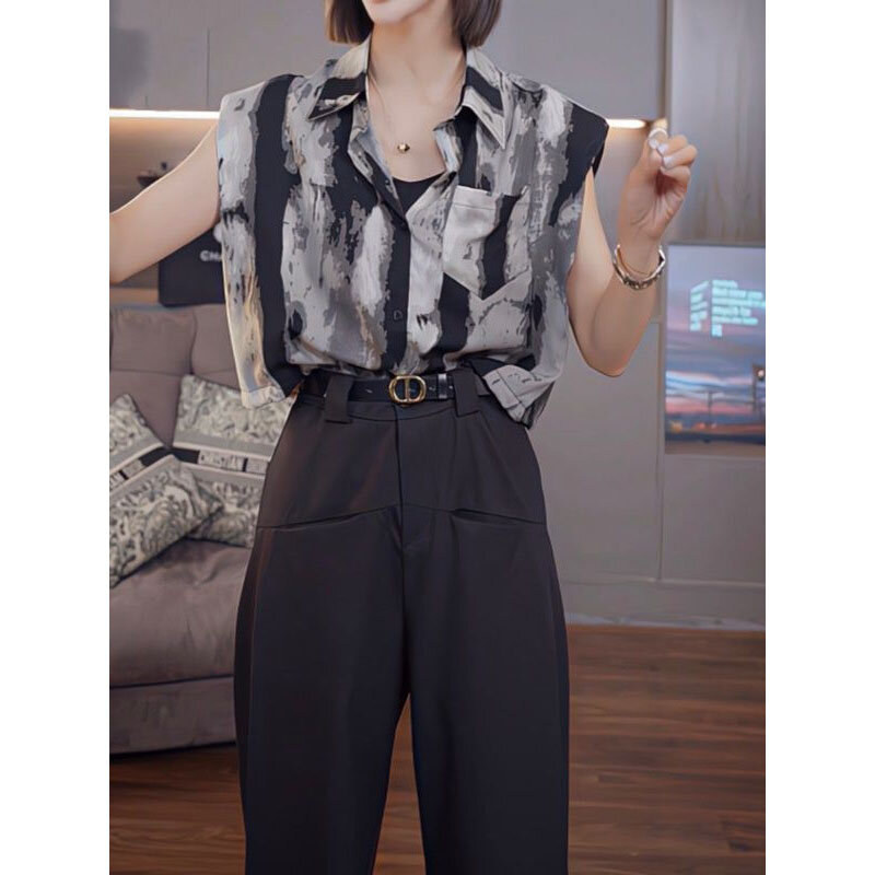 2024 letnia nowa damska bluzka koreańska koszulka Polo z nadrukiem tuszem wyblakły obraz luźna moda koszula podmiejska bez rękawów
