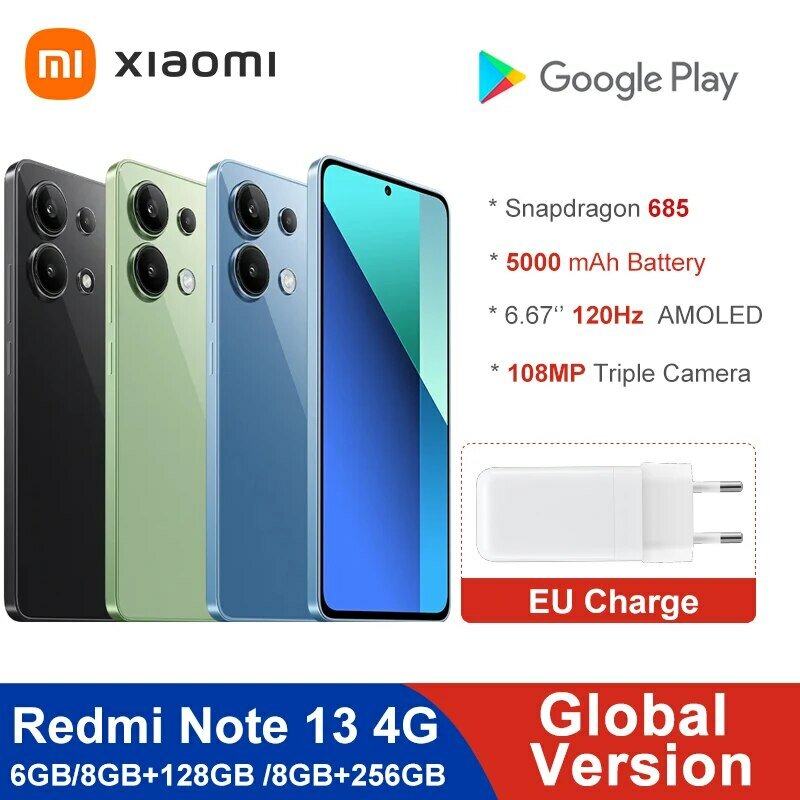 Xiaomi-teléfono móvil Redmi Note 13 4G, versión Global, Pantalla AMOLED de 6,67 pulgadas, 120Hz, Snapdragon 685, ocho núcleos, CPU, Triple cámara de 108MP