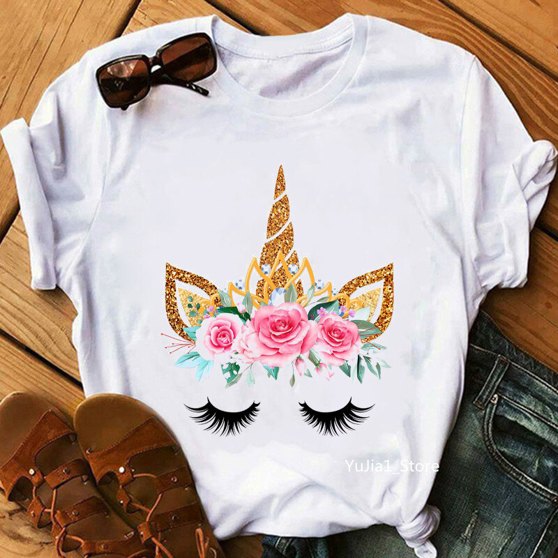 카와이 티셔츠 소녀/여성 골든 유니콘 핑크 로즈 티셔츠, 팜므 하라주쿠 셔츠 여름 패션 반팔 티셔츠 여성 탑스