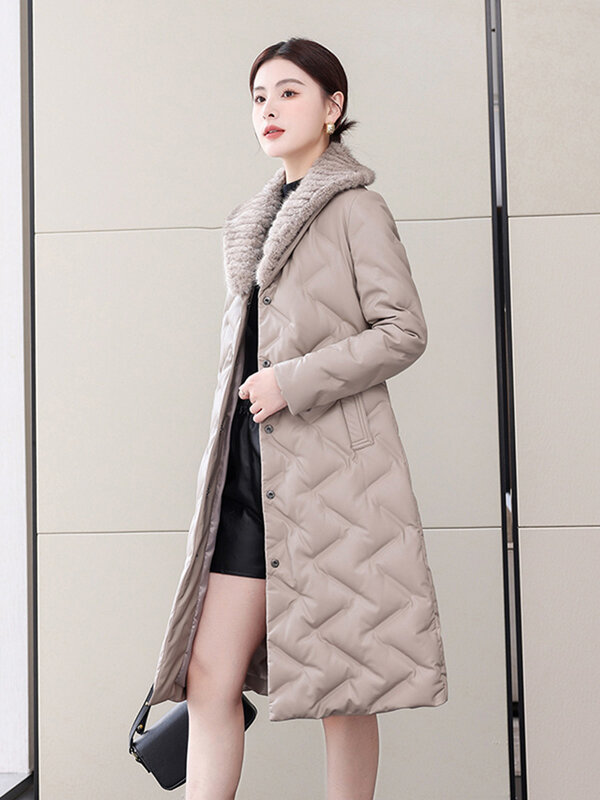 Mantel Bulu Kulit Musim Dingin Wanita Baru Fashion Kerah Bulu Cerpelai Hangat Kerah Bulu Domba Panjang Bulu Domba Membelah Kulit Mantel Tebal Santai