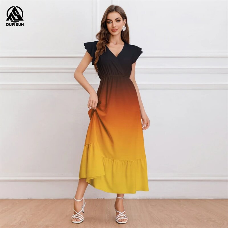 Fashions Women‘S Short Sleeves Dress Woman Loose Clothing Long Dresses Casual A-Line Skirts Pure Colour Classy V-Neck Clothing
