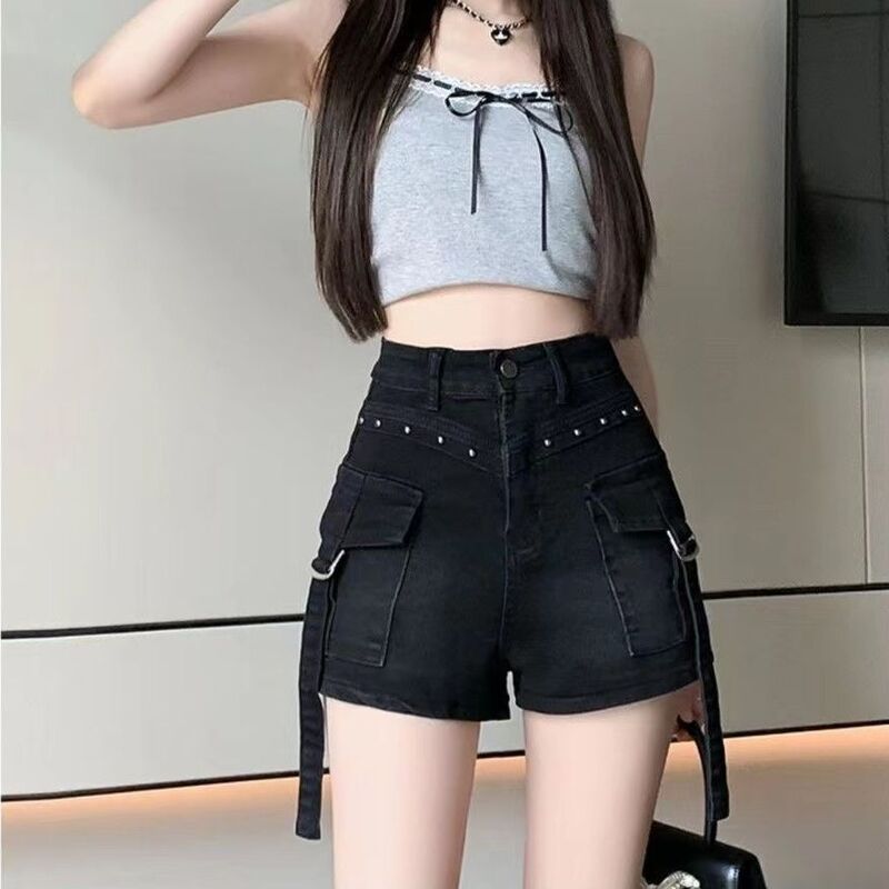 American workwear denim shorts for women's summer 2024 new slim fit high waisted short style spicy girl A-line jeans woman