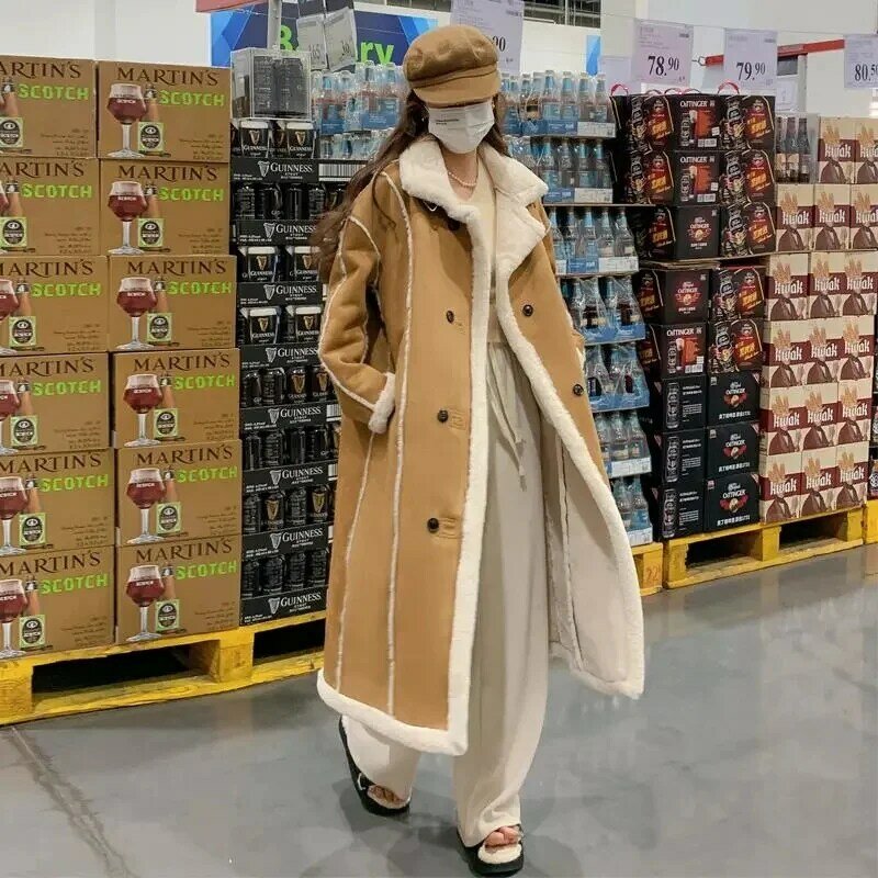 Mantel bulu domba Suede musim dingin wanita, mantel satu potong bulu panjang kelas tinggi bergaya Korea 2023