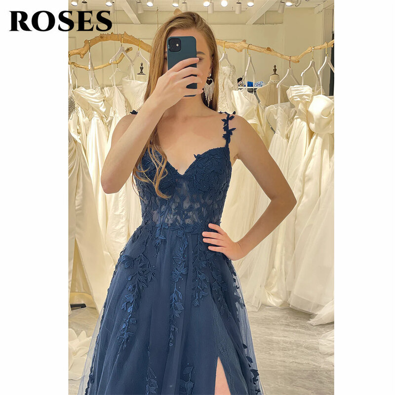 ROSES-Robe de Soirée Fendue sur le Côté en Tulle, Tenue à Bretelles Spaghetti, Appliques en Fibre, Bleu Marine