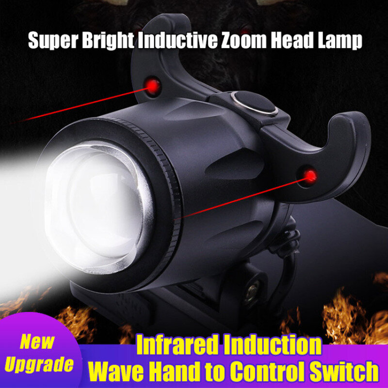 Linterna frontal de luz fuerte recargable, luz LED superbrillante montada en la cabeza, inducción de litio, lámpara de minería de hernia, zoom de pesca nocturna