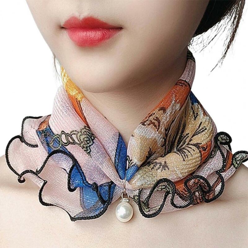 Ladies Gold Silk Scarf With Pearl Decor Scarf Wood Ears Lace Variety Scarf Fashion Square Scarf Multifunctional Silk Scarf