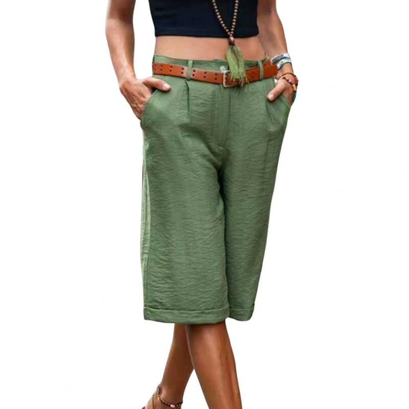Women Casual Half Trousers Mid-rise Pockets Straight Wide Leg Shorts Office Wide Women's Solid Color Knee-length Shorts