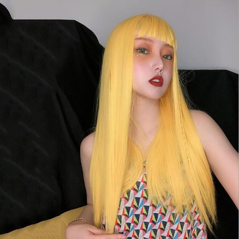 Wig Lolita dengan poni, Wig kepang Cosplay beberapa warna untuk wanita, rambut manusia