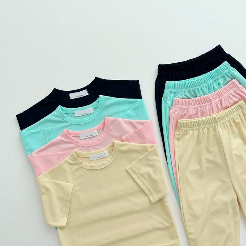 어린이 반팔 가정 의류 세트, 단색 아기 소녀 티셔츠 및 바지, 세트 유아 소년 얇은 캐주얼 의상, 여름 신상, 2 개