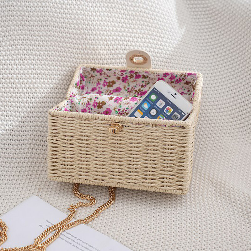 Saco de praia de palha tecido casual, portátil, de dupla finalidade, pequeno, fragrância, japonês e coreano, pequena caixa quadrada