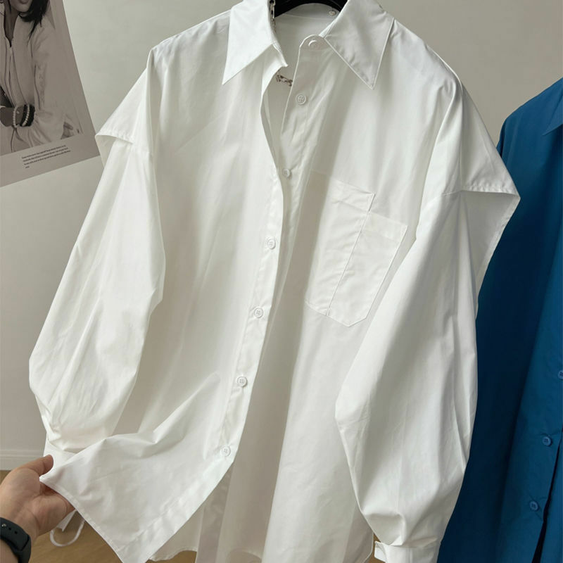 QWEEK-Blusa Harajuku de manga comprida de duas peças para mulheres, camisas elegantes e chiques, branca e azul, blusa extragrande, casacos casuais