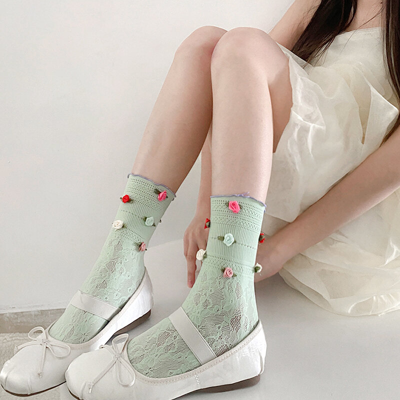 1 Paar Frühling Sommer atmungsaktive ultra dünne Socken Frauen süße Rose Blume Dekoration Französisch Stil JK Socken weibliche kurze Socken