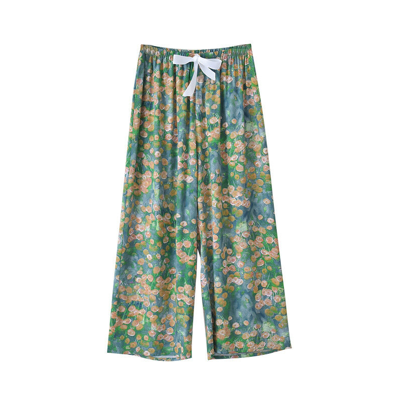 Pantalon d'été en soie de coton pour femmes, ample, grande taille, jambes larges, neuf points, pour la maison, vêtement de plage en rayonne