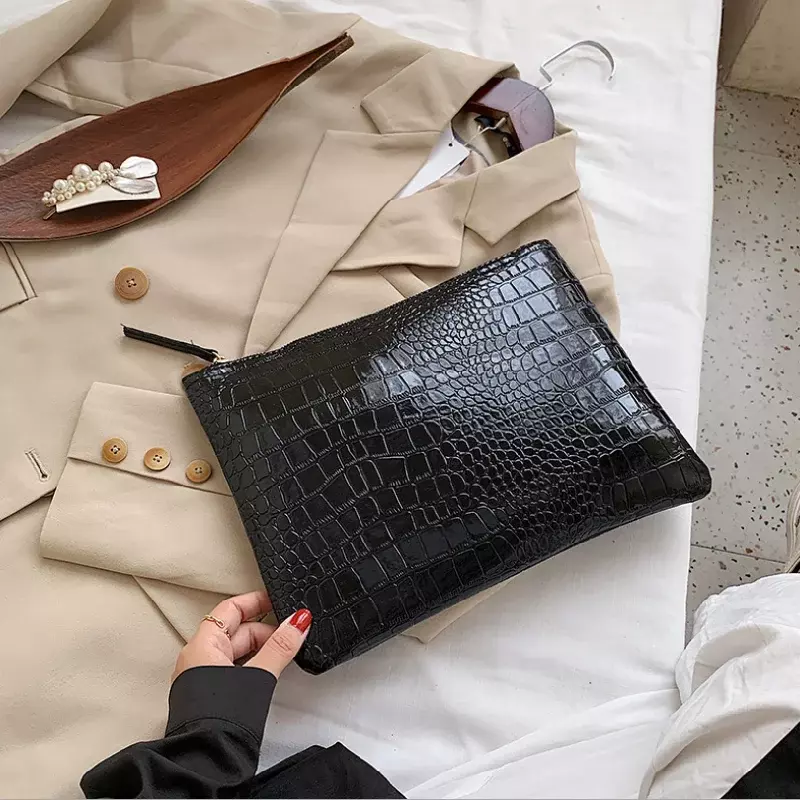 حقيبة يد نسائية التمساح نمط مخلب حقيبة Pochette الإناث عادية بلون سستة المغلف حقائب مربعة